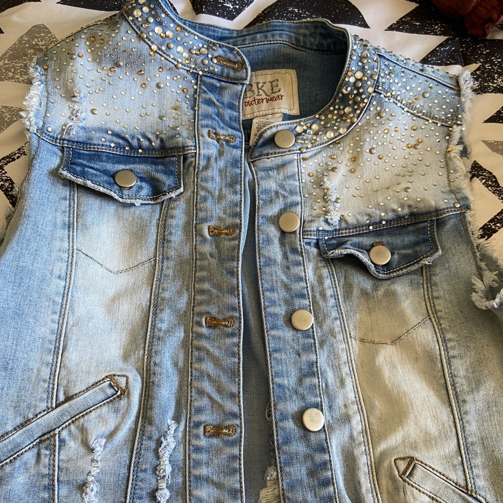 BKE Beaded Sleeveless Jean Jacket